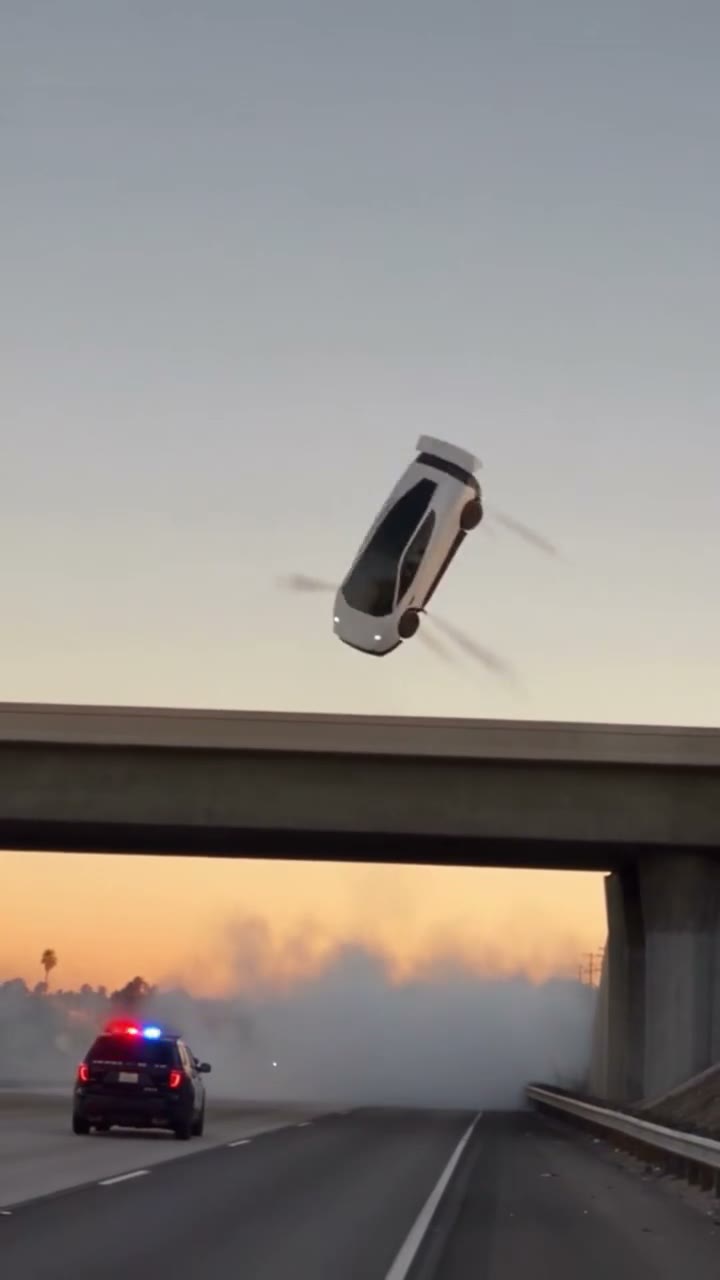 Fictional AI-generated flying car lifting above a sunset overpass