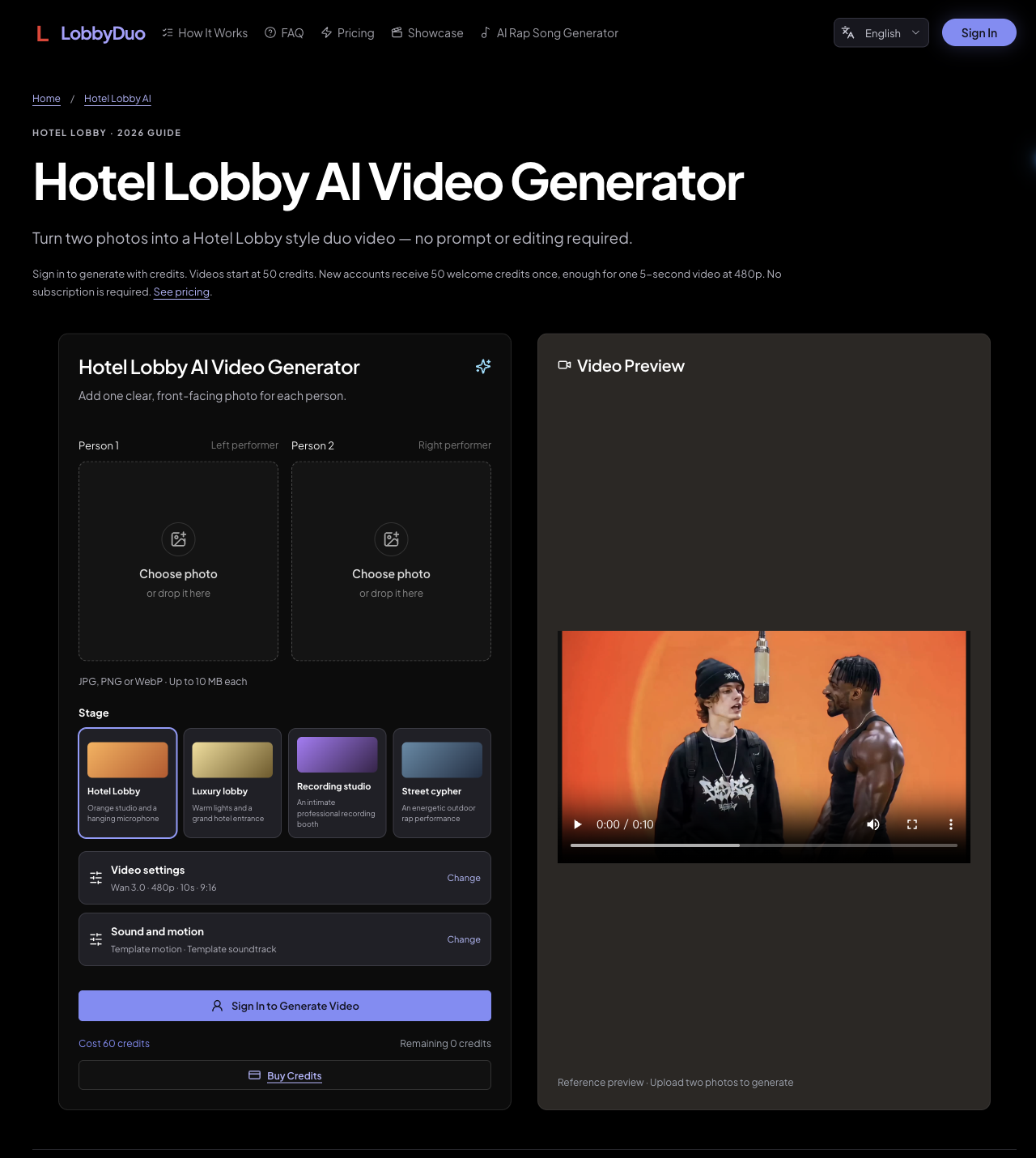 Gangnam Style AI settings interface with empty photo slots, Hotel Lobby, Wan 3.0, 9:16, 10 seconds, 480p and a 60-credit cost. The video is a reference preview, not a generated result.